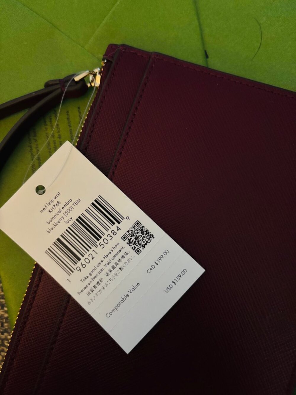 NWT Kate Spade Leather Lucy Botanical Embroidered Med. L-Zip Wristlet/Blackberry - Picture 9 of 9